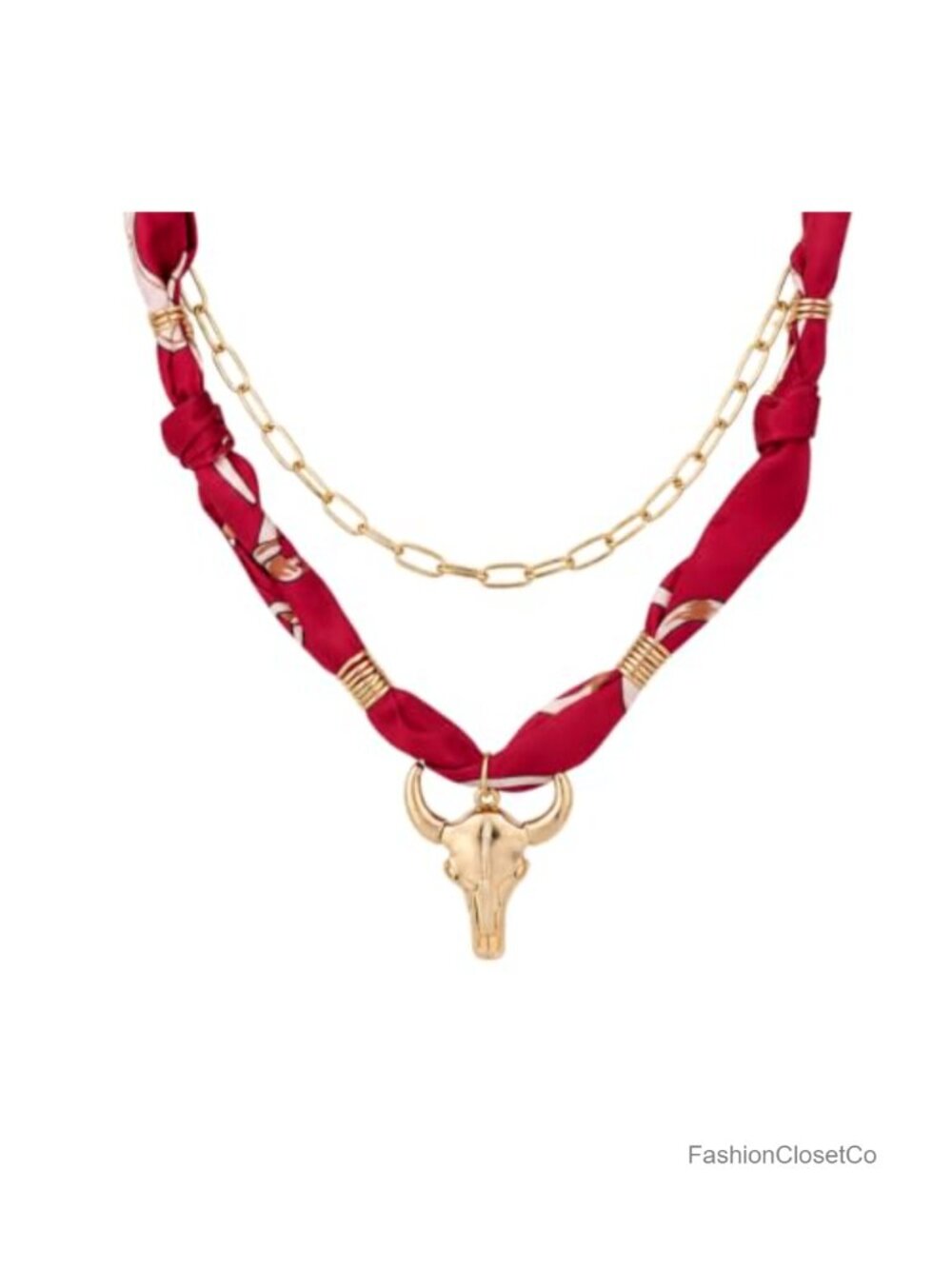 Silk Feel Scarf Necklace Bull Skull Pendant Western Layered Necklace